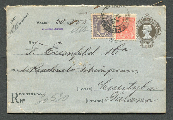 BRAZIL - 1918 - POSTAL STATIONERY: 300rs brown on blue postal stationery registered envelope (H&G C2) used with added 1906 1000rs slate and 1918 100rs rose red (SG 276 & 292Aa) tied by PORTO ALEGRE cds. Addressed to CURITYBA, PARANA.  (BRA/8180)