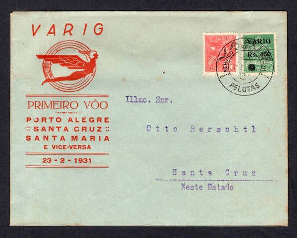 BRAZIL - 1931 - PRIVATE AIRMAIL COMPANIES - VARIG - FIRST FLIGHT: Illustrated 'Varig Primeiro Voo Porto Alegre - Santa Cruz - Santa Maria e vice-versa 23-2-1931' cover franked with 1920 200rs rose red 'Industry' issue and 1930 350rs on 1300rs green VARIG surcharge issue on Condor stamp (SG 330 & Sanabria #V8) tied by PELOTAS VARIG cds dated 21 FEV 1931. Flown on the Pelotas - Santa Cruz first flight of the 23rd February. Addressed to SANTA CRUZ with arrival cds dated 23 FEV 1931 on reverse. Scarce flight. 