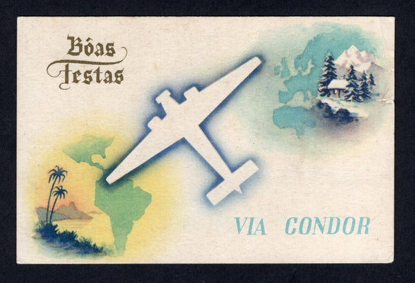 BRAZIL - 1937 - AIRMAIL: Boas Festas Via Condor' CONDOR LUFHANSA Christmas greetings airmail postcard depicting outline of a plane and scenes & maps of Europe and South America. Fine unused.  (BRA/8241)