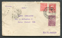 BRAZIL - 1933 - PRIVATE AIRMAIL COMPANIES - VARIG: Commercial cover franked with 1920-1940 200rs rose red 'Industry' definitive, 1929 500rs purple (SG 472) and 1931 350rs red VARIG issue (Sanabria #V17) tied by PORTO ALEGRE national cds. Addressed to RIO DE JANEIRO with arrival marks on reverse. Note that none of the postmarks are official VARIG types. Unusual.  (BRA/8247)