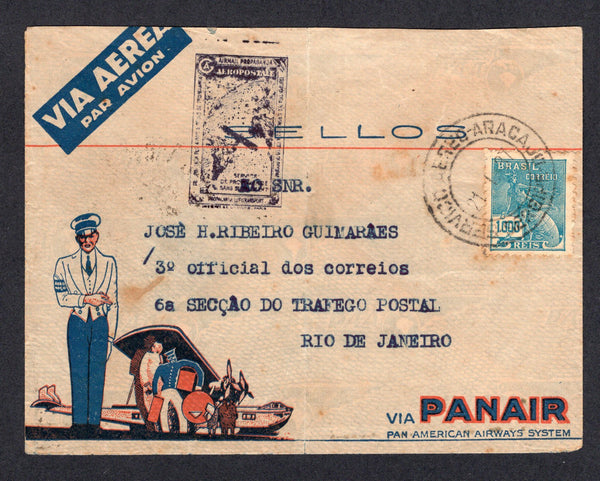 BRAZIL - 1937 - AIRMAIL: Illustrated 'Via Panair' airplane envelope franked with single 1920-1940 1000rs turquoise 'Industry' definitive tied by SERVICIO AEREO ARACAJU SERGIPE cds. Addressed to RIO DE JANEIRO with good strike of 'Airmail Propaganda Aeropostale' airplane cachet in blue on front and arrival cds on reverse. Highly unusual as this cachet is the same design as the perforated Aeropostale CINDERELLA label issues earlier in the 1930's.  (BRA/8253)