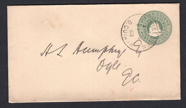 BRITISH GUIANA - 1903 - POSTAL STATIONERY: 1c green 'Ship' postal stationery envelope (H&G B1a) sent unsealed with GEORGETOWN cds. Addressed to 'Ogle, E C.' with PLAISANCE arrival cds on reverse.  (BRG/18061)