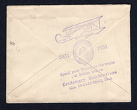 BRITISH GUIANA - 1931 - PUBLICITY CACHET: Cover franked with 1931 pair 1c emerald green & 2c brown GV 'Centenary of Country Union' issue (SG 283/284) tied by GEORGETOWN cds's with superb strike of large '1831 - 1931 Spend your Winter in the tropic of British Guiana Centenary Celebrations Oct. 13-14-15-16-17, 1931' AIRPLANE cachet in purple on reverse. Addressed to USA.  (BRG/18079)