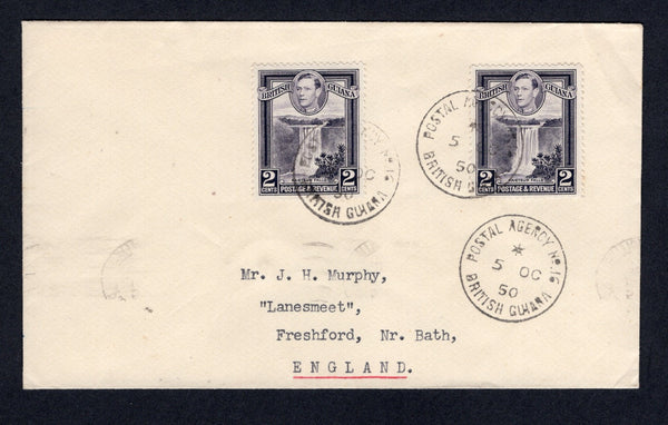 BRITISH GUIANA - 1950 - CANCELLATION: Cover franked with 2 x 1938 2c slate violet GVI issue (SG 309) tied by fine POSTAL AGENCY No.16 cds of IDA SABINA situated on the Upper Berbice river. Addressed to UK with WISMAR and GEORGETOWN transit cds's on reverse. A very rare cancel, this office was previously thought to have only operated from 1943 to 1947, this cover now extending the latest know use by three years.  (BRG/18080)