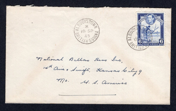 BRITISH GUIANA - 1945 - CANCELLATION: Cover franked with 1938 6c deep ultramarine GVI issue (SG 311) tied by fine ALBUOYSTOWN cds with second strike alongside. Addressed to USA.  (BRG/18081)