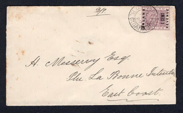 BRITISH GUIANA - 1889 - PROVISIONAL ISSUE: Cover franked with single 1888 1c dull purple 'INLAND REVENUE' overprint issue (SG 175) tied by GEORGETOWN cds. Addressed to 'Plu la Bonne Intention, East Coast' with fair strike of DEMERERA RAILWAY transit cds on reverse.  (BRG/24247)