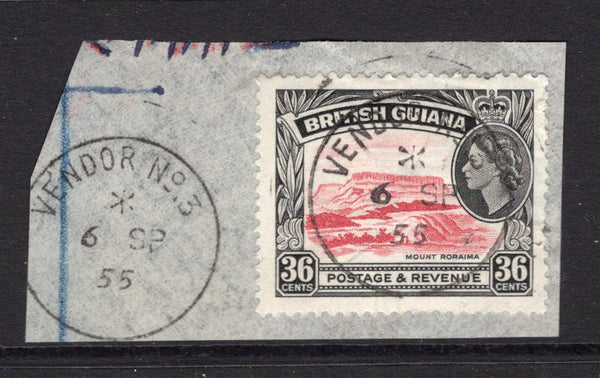 BRITISH GUIANA - 1954 - CANCELLATION: 36c rose carmine & black QE2 issue tied on piece by fine strike of VENDOR No.3 cds dated 6 SEP 1955 with second strike alongside. (SG 340)  (BRG/24386)