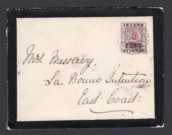 BRITISH GUIANA - 1889 - PROVISIONAL ISSUE & TRAVELLING POST OFFICES: Mourning cover franked with single 1889 2c on 2c dull purple 'Provisional' issue (SG 192) tied by GEORGETOWN cds dated 20 AUG 1889. Addressed to LA BONNE INTENTION (Plantation), EAST COAST with DEMERARA RAILWAY transit cds on reverse.  (BRG/26408)