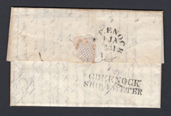 BRITISH GUIANA - 1831 - MARITIME & PRESTAMP: Complete folded letter datelined 'Plantation Belle Air, Wt. Ct. Berbice, July 8th 1830' with weight of '1oz' in manuscript on front. Addressed to 'Hugh McAlmont Esquire, Abbey Lands (nigh Belfast), Ireland' with good strike of two line 'GREENOCK SHIP LETTER' and GREENOCK cds dated 1 JAN 1831 both in black on reverse. The letter details plantation life and problems being experienced by the writer. Fine & very scarce.  (BRG/36824)