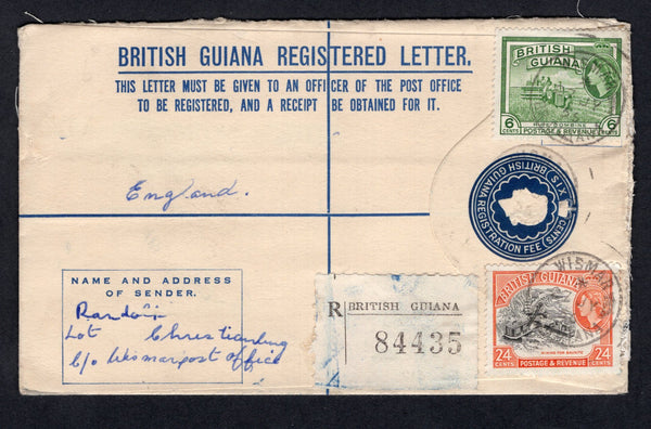 BRITISH GUIANA - 1956 - POSTAL STATIONERY & CANCELLATION: 6c deep blue on cream QE2 postal stationery registered envelope (H&G C13) used with added 1954 6c yellow green and 24c black & brownish orange (SG 336 & 339) tied by fine WISMAR cds's dated 27 JUL 1956 with plain printed black on white registration label alongside. Addressed to UK with GEORGETOWN transit cds on reverse. Part of address excised.  (BRG/37102)