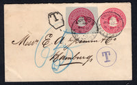 BRITISH GUIANA - 1903 - POSTAL STATIONERY & POSTAL STATIONERY CUT OUT: 2c carmine on thick white laid paper postal stationery envelope (H&G B2) used with 2c carmine on thin greyish paper postal stationery envelope CUT OUT (H&G B2a) applied alongside and cancelled by two strikes of GEORGETOWN cds dated 11 MAR 1903. Addressed to GERMANY, taxed twice with hexagonal framed 'T' in black and 'T' in circle in violet with manuscript '65' in blue crayon. Arrival cds on reverse. Fine & unusual.  (BRG/37103)