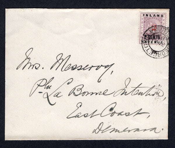 BRITISH GUIANA - 1889 - PROVISIONAL ISSUE: Cover franked with single 1889 2c on 2c black & dull purple 'INLAND REVENUE' overprint issue (SG 192) tied by GEORGETOWN cds dated 31 AUG 1889. Addressed to 'Mrs Messeroy, Pla. La Bonne Intention, East Coast, Demerara' with fair strike of DEMERARA RAILWAY transit cds on reverse. Very fine & scarce.  (BRG/37134)