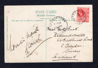 BRITISH GUIANA - 1917 - TRAVELLING POST OFFICES: Colour PPC 'The Public Building, Georgetown' franked on message side with single 1913 2c scarlet GV issue (SG 260a) tied by fine strike of T.P.O. RAILWAY W.C. B.G. cds dated 24 JAN 1917 with GEORGETOWN transit cds alongside. Addressed to UK.  (BRG/41412)
