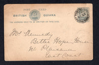 BRITISH GUIANA - 1893 - TRAVELLING POST OFFICES: 1c grey 'Ship' postal stationery card (H&G 4) sent from Georgetown with GEORGETOWN cds on reverse dated 28 DEC 1893 with good strike of DEMERERA RAILWAY cds on front also dated DE 28 1893. Addressed to PLAISANCE, EAST COAST with arrival cds on reverse.  (BRG/41414)