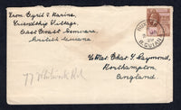 BRITISH GUIANA - 1929 - ORIGINATION: Cover franked with 1921 4c brown & bright purple GV issue (SG 275) tied by fine BUXTON cds with return address at top left of 'Friendship Village, East Coast Demerara'. Addressed to UK with GEORGETOWN transit cds on reverse.  (BRG/4391)