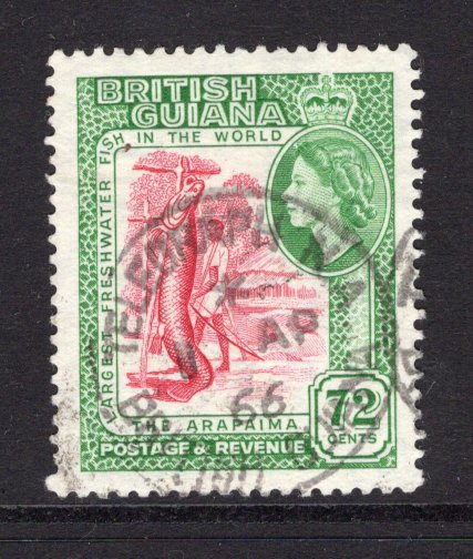 BRITISH GUIANA - 1966 - CANCELLATION: 72c carmine & emerald QE2 issue (De La Rue printing) superb used with central TELEGRAPH NA cds dated 1 APR 1966. (SG 342a)  (BRG/6412)
