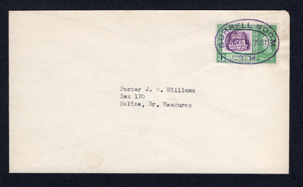 BRITISH HONDURAS - 1951 - CANCELLATION: Cover franked with single 1938 1c bright magenta & green GVI issue (SG 150) tied by superb strike of oval BURRELL BOOM B.H. temporary datestamp in purple. Addressed to BELIZE.  (BRH/18102)