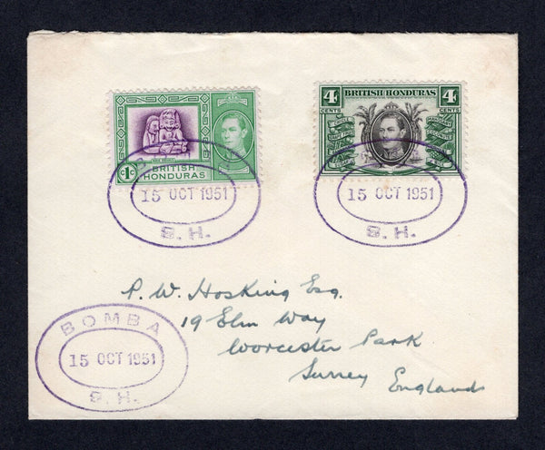 BRITISH HONDURAS - 1951 - CANCELLATION: Cover franked with 1938 1c bright magenta & green and 4c black & green GVI issue (SG 150 & 153) tied by superb strike of oval BOMBA B.H. temporary datestamp in purple. Addressed to UK with BELIZE transit cds on reverse.  (BRH/18103)