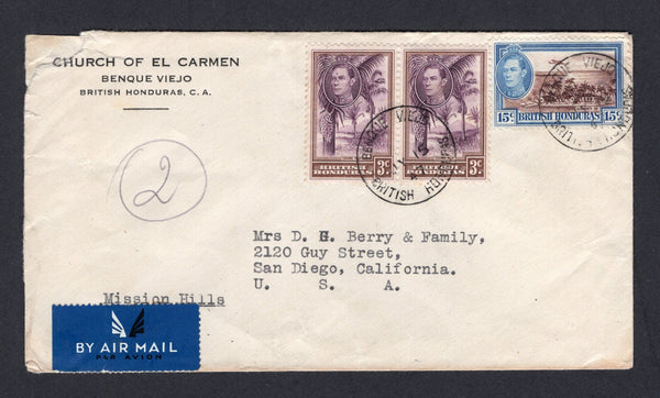 BRITISH HONDURAS - 1947 - CANCELLATION: Cover franked with 1938 pair 3c purple & brown and 15c brown & light blue GVI issue (SG 152 & 156) tied by BENQUE VIEJO cds's. Sent airmail to USA. with BELIZE transit cds on reverse.  (BRH/18104)