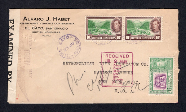 BRITISH HONDURAS - 1942 - CANCELLATION: Cover franked with 1938 1c bright magenta & green and pair 10c green & reddish brown GVI issue (SG 150 & 155) tied by CAYO cds's in violet. Sent airmail to USA and censored on arrival with USA 'EXAMINED BY 12209' censor strip at left. Very scarce.  (BRH/18105)