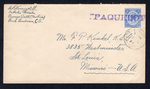 BRITISH HONDURAS - 1934 - MARITIME: Cover with manuscript 'A. R. Kuenzel, Catholic Mission, Orange Walk (New River). British Honduras, C.A.' return address at top left franked with 1922 5c ultramarine GV issue (SG 131) tied by large straight line "PAQUEBOT" marking in purple and by BELIZE transit cds dated 22 MAR 1934. Addressed to USA. Very fine.  (BRH/35616)