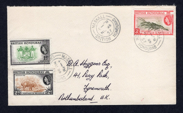 BRITISH HONDURAS - 1957 - CANCELLATION: Cover franked with 1953 1c green & black, 2c yellow brown & black and 5c deep olive green & scarlet QE2 issue (SG 179/180 & 183) tied by multiple fine strikes of MASKALL cds dated NOV 26 1957. Addressed to UK.  (BRH/36456)