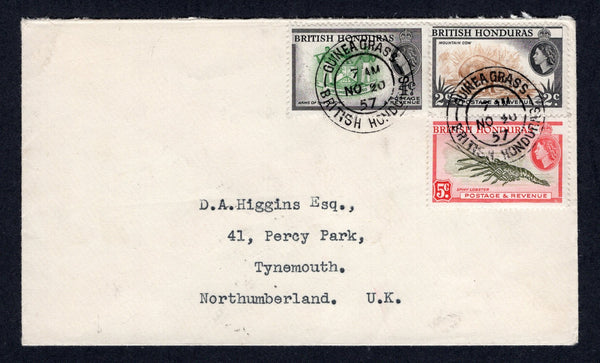 BRITISH HONDURAS - 1957 - CANCELLATION: Cover franked with 1953 1c green & black, 2c yellow brown & black and 5c deep olive green & scarlet QE2 issue (SG 179/180 & 183) tied by two fine strikes of GUINEA GRASS cds dated NOV 20 1957. Addressed to UK with ORANGE WALK and BELIZE transit cds's on reverse.  (BRH/36458)