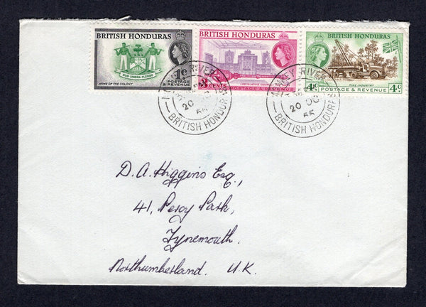 BRITISH HONDURAS - 1955 - CANCELLATION: Cover franked with 1953 1c green & black, 2c yellow brown & black and 4c brown & green QE2 issue (SG 179/180 & 182) tied by two fine strikes of MONKEY RIVER cds dated 20 OCT 1955. Addressed to UK with BELIZE transit cds on reverse.  (BRH/36461)
