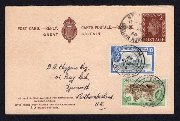 BRITISH HONDURAS - 1956 - CANCELLATION: 2d dark brown on cream QE2 postal stationery reply card of Great Britain (H&G 69) the reply half used back to Great Britain additionally franked with 1953 4c brown & green and 10c slate & bright blue QE2 issue (SG 182 & 184) tied by two fine strikes of BOOM cds dated JUL 25 1956. Addressed to UK with BELIZE transit cds on front & reverse. The reverse has a full message from the Postmaster of the Burrel Boom P.O.  (BRH/36463)