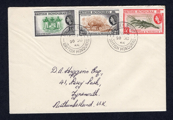 BRITISH HONDURAS - 1955 - CANCELLATION: Cover franked with 1953 1c green & black, 2c yellow brown & black and 5c deep olive green & scarlet QE2 issue (SG 179/180 & 183) tied by two fine strikes of MONKEY RIVER cds dated 20 OCT 1955. Addressed to UK with BELIZE transit cds on reverse.  (BRH/37141)