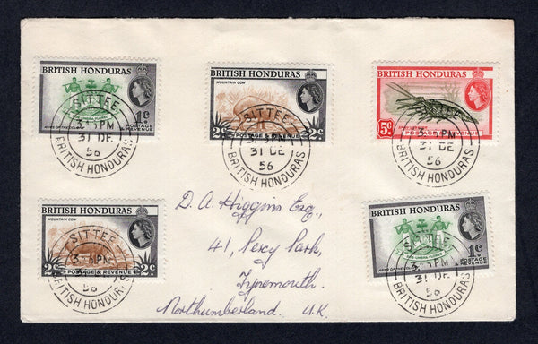 BRITISH HONDURAS - 1956 - CANCELLATION: Cover franked with 1953 2 x 1c green & black, 2 x 2c yellow brown & black and 5c deep olive green & scarlet QE2 issue (SG 179/180 & 183) tied by multiple fine strikes of SITTEE cds dated 31 DEC 1956. Addressed to UK with BELIZE transit cds on reverse.  (BRH/37142)