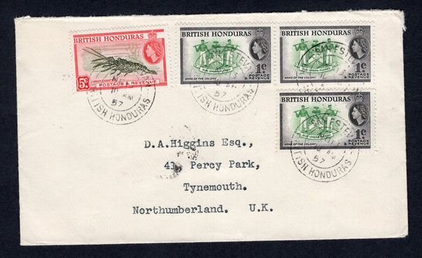 BRITISH HONDURAS - 1957 - CANCELLATION: Cover franked with 1953 strip of three 1c green & black and 5c deep olive green & scarlet QE2 issue (SG 179 & 183) tied by multiple strikes of SAN ESTEVAN cds dated NOV 13 1957. Addressed to UK with BELIZE transit cds on reverse.  (BRH/37143)