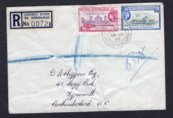 BRITISH HONDURAS - 1955 - CANCELLATION & REGISTRATION: Registered cover franked with 1953 3c reddish violet & bright purple and 10c slate & bright blue QE2 issue (SG 181 & 184) tied by MONKEY RIVER cds dated 20 OCT 1955 with printed blue on white 'MONKEY RIVER BR. HONDURAS' registration label alongside. Addressed to UK with transit & arrival marks on reverse. Cover has a few light creases.  (BRH/37145)