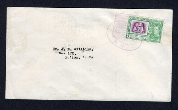 BRITISH HONDURAS - 1952 - CANCELLATION: Cover franked with single 1938 1c bright magenta & green GVI issue (SG 150) tied by good strike of oval LOUISVILLE temporary rubber datestamp in purple dated MAY 29 1952. Addressed to BELIZE. Very scarce.  (BRH/37422)