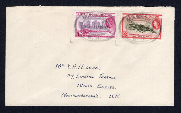 BRITISH HONDURAS - 1953 - CANCELLATION: Cover franked with 1953 3c reddish violet & bright purple and 5c deep olive green & scarlet QE2 issue (SG 181 & 183) tied by two good strikes of oval MASKALL temporary rubber datestamp in black dated SEP 19 1953. Addressed to UK. Very scarce.  (BRH/38459)