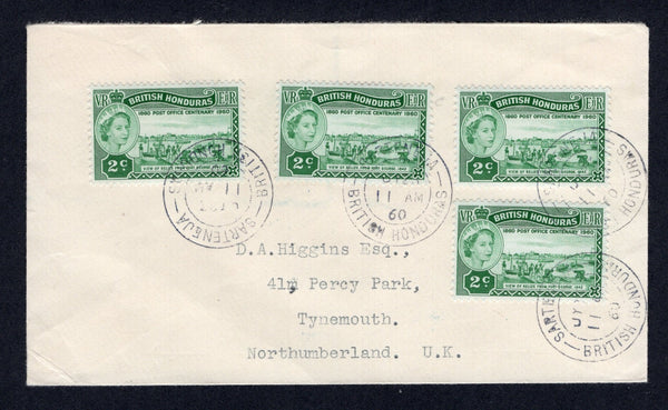 BRITISH HONDURAS - 1960 - CANCELLATION: Cover franked with 4 x 1960 2c green QE2 issue (SG 191) tied by four strikes of SARTENEJA cds dated JUL 23 1960. Addressed to UK.  (BRH/38460)