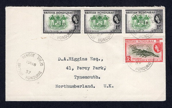 BRITISH HONDURAS - 1957 - CANCELLATION: Cover franked with 1953 strip of three 1c green & black and 5c deep olive green & scarlet QE2 issue (SG 179 & 183) tied by multiple fine strikes of BENQUE VIEJO cds dated 19 NOV 1957. Addressed to UK with BELIZE transit cds on reverse.  (BRH/39255)
