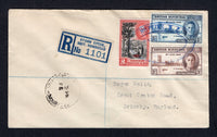 BRITISH HONDURAS - 1940 - CANCELLATION: Circa 1947. Registered 'Wells' cover franked with 1938 2c black & scarlet and 1946 3c brown and 5c blue GVI issues (SG 151 & 162/163) tied by good strike of large undated HOPKINS S.C. temporary oval datestamp in blue. Registered in transit at STANN CREEK with printed blue & white 'STANN CREEK BRIT. HONDURAS' registration label and somewhat unclear STANN CREEK cds on front. Addressed to UK with partial BELIZE transit cds on reverse. A scarce marking.  (BRH/40576)