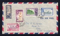 BRITISH HONDURAS - 1953 - DESTINATION: Registered airmail cover franked with 1953 3c reddish violet & bright purple, 10c slate & bright blue, 15c green & violet and 50c yellow brown & reddish purple QE2 issue (SG 181, 184, 185 & 187) all tied by STANN CREEK cds's dated 27 OCT 1953 with printed blue & white 'STANN CREEK BR. HONDURAS' registration label alongside. Addressed to 'Mr A.R. Lawson, House No.1, Tiko, British Cameroons, B W Africa' with BELIZE transit cds and oval REGISTERED TIKO CAMEROONS U.U.K.T.
