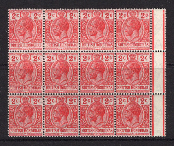 BRITISH HONDURAS - 1915 - MULTIPLE: 2c scarlet GV issue with purple 'Zigzag' control overprint, a fine mint side marginal block of twelve. (SG 112)  (BRH/6461)