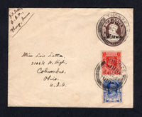 BURMA - 1939 - POSTAL STATIONERY & CANCELLATION: 1a brown GV postal stationery envelope of India with 'BURMA' overprint in black (H&G B1) used with added 1938 6p bright blue and 2a carmine GVI issue (SG 20 & 24) tied by fine THONZE cds's dated 8 NOV 1939. Addressed to USA. Scarce.  (BUR/18168)