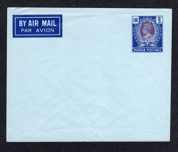 BURMA - 1938 - POSTAL STATIONERY: 1r dark blue & purple on blue GVI postal stationery airmail envelope (H&G F-B1). A fine unused example.  (BUR/18172)