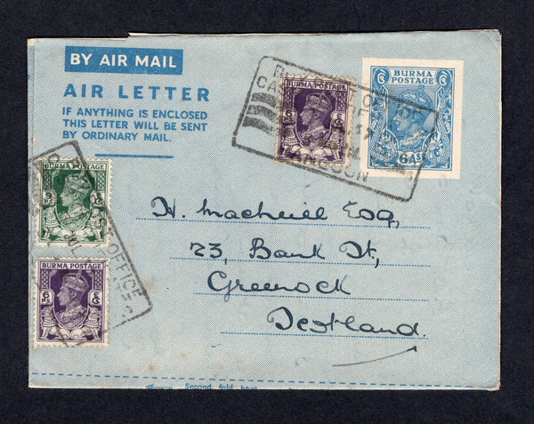 BURMA - 1947 - POSTAL STATIONERY: 6a blue on cream with blue overlay GVI postal stationery airletter (H&G F-G1) used with added 1946 2 x 6p bright violet and 9p green GVI issue (SG 52/53) tied by boxed RANGOON cancels. Addressed to UK.  (BUR/18173)