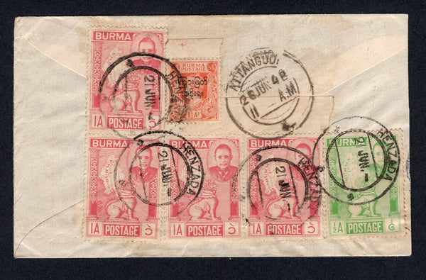 BURMA - 1948 - CANCELLATION: Airmail cover franked on reverse with 1947 1½a orange GVI 'Interim Government' overprint issue and 1948 ½a yellow green and 4 x 1a rose 'Independence Day' issue (SG 72 & 83/84) tied by multiple strikes of HENZADA cds. Addressed to INDIA with arrival cds on reverse.  (BUR/18218)