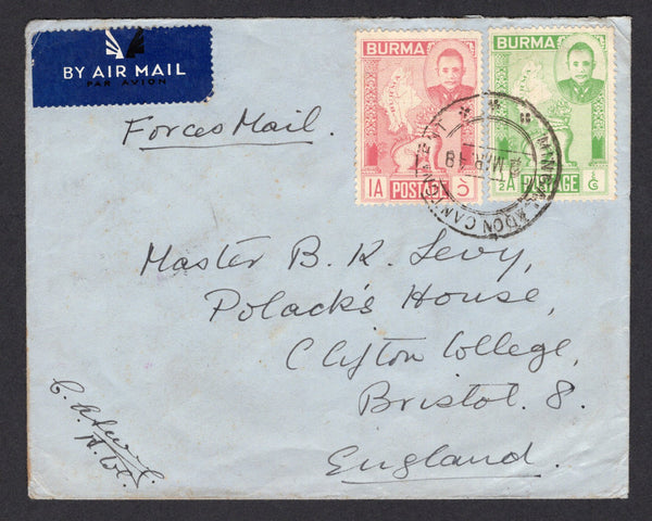 BURMA - 1948 - CANCELLATION: Airmail cover with manuscript 'Forces Mail' at top franked with 1948 ½a yellow green and 1a rose 'Independence Day' issue (SG 83/84) tied by MINGLADON CANTONMENT cds. Addressed to UK.  (BUR/18220)