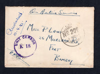 BURMA - 1945 - MILITARY MAIL: Stampless cover with manuscript 'On Active Service' and Indian 'F.P.O. No. 209' cds dated 4 APR 1945 located on RAMREE ISLAND, BURMA. Addressed to BOMBAY with circular 'UNIT CENSOR K 18' censor mark in violet on front. Arrival cds on reverse.  (BUR/20188)
