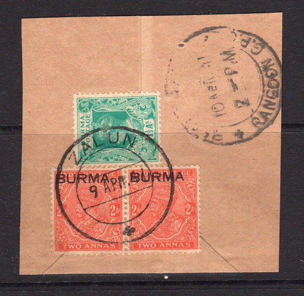BURMA - 1941 - CANCELLATION: 2a vermilion GV issue with 'BURMA' overprint pair plus 1938 1½a turquoise green GVI issue tied on piece by fine ZALUN cds dated 9 APR 1941 with RANGOON transit cds alongside. (SG 5 & 23)  (BUR/28979)