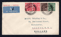 BURMA - 1936 - INDIA USED IN BURMA & CANCELLATION: Cover franked with India 1932 ½a green, 1a chocolate and pair 3a carmine GV issue (SG 232, 234 & 237) all tied by two fine strikes of THONZE cds dated 21 OCT 1936. Sent airmail to UK with airmail label on front.  (BUR/32859)