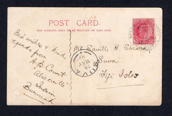 BURMA - 1907 - DESTINATION: Colour PPC 'A Corner of the Royal Lakes, Rangoon' franked on message side with India 1902 1a carmine EVII issue (SG 123) tied by MONTGOMMERY STREET RANGOON cds dated 22 AP 1907. Addressed to 'Mr Saville H Sheard, Suva, FIJI ISLES' with fine arrival cds on front. Very scarce.  (BUR/40678)