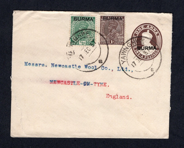 BURMA - 1937 - POSTAL STATIONERY & CANCELLATION: 1a brown on white GV postal stationery envelope (H&G B1) with 'BURMA' overprint used with added 1937 ½a green and 1a chocolate GV issue with 'BURMA' overprint (SG 2 & 4) tied by two strikes of YAWNGHWE cds dated 17 DEC 1937. Addressed to USA. Very early use for this envelope which H&G records as being issued in 1938.  (BUR/40679)